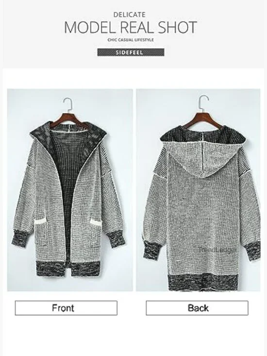 Oversized Hooded Cardigan Sweater Open Front Chunky Knit Plaid Coat - Picture 6 of 7